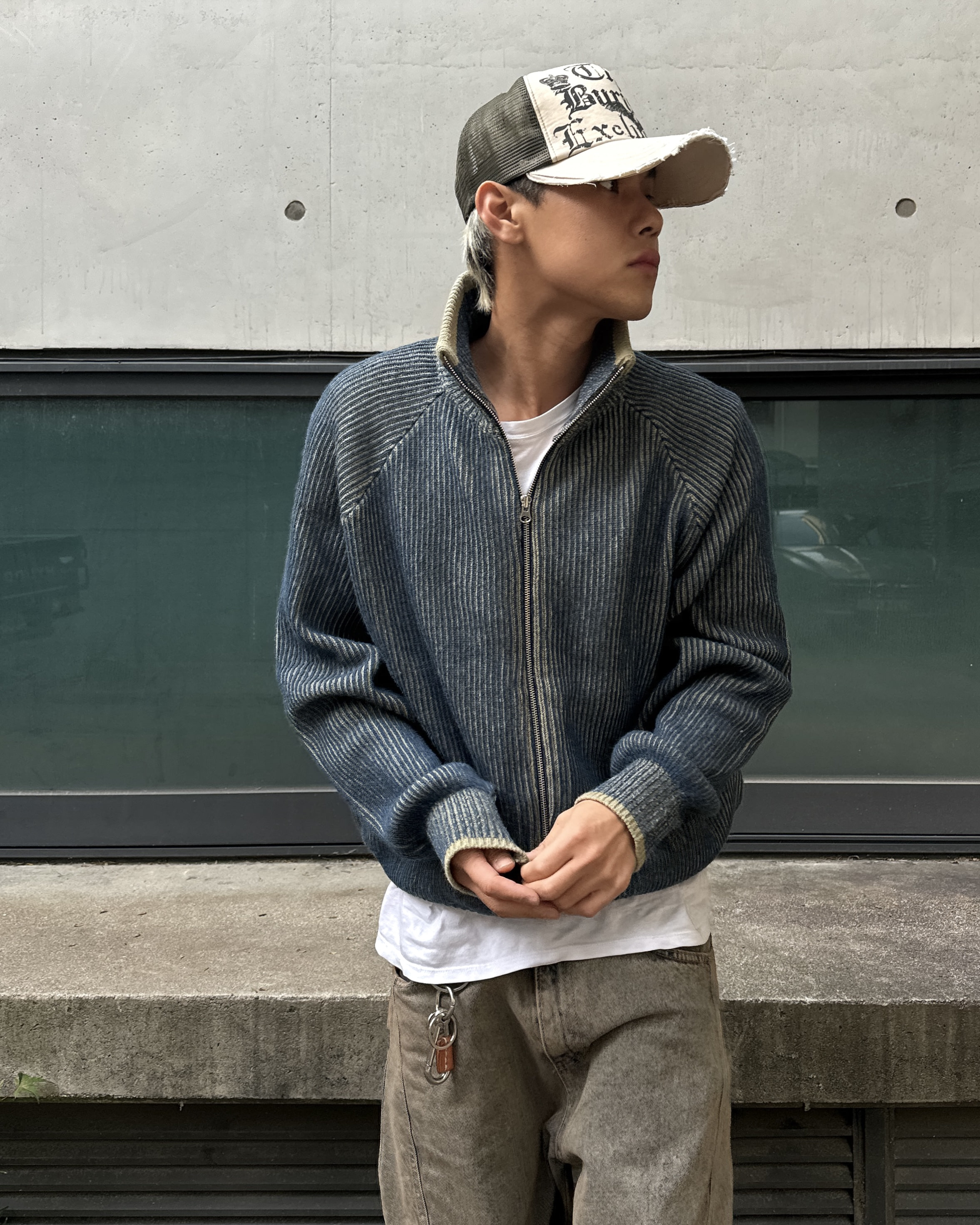 Wool hi neck two tone knit zip up(3Color)
