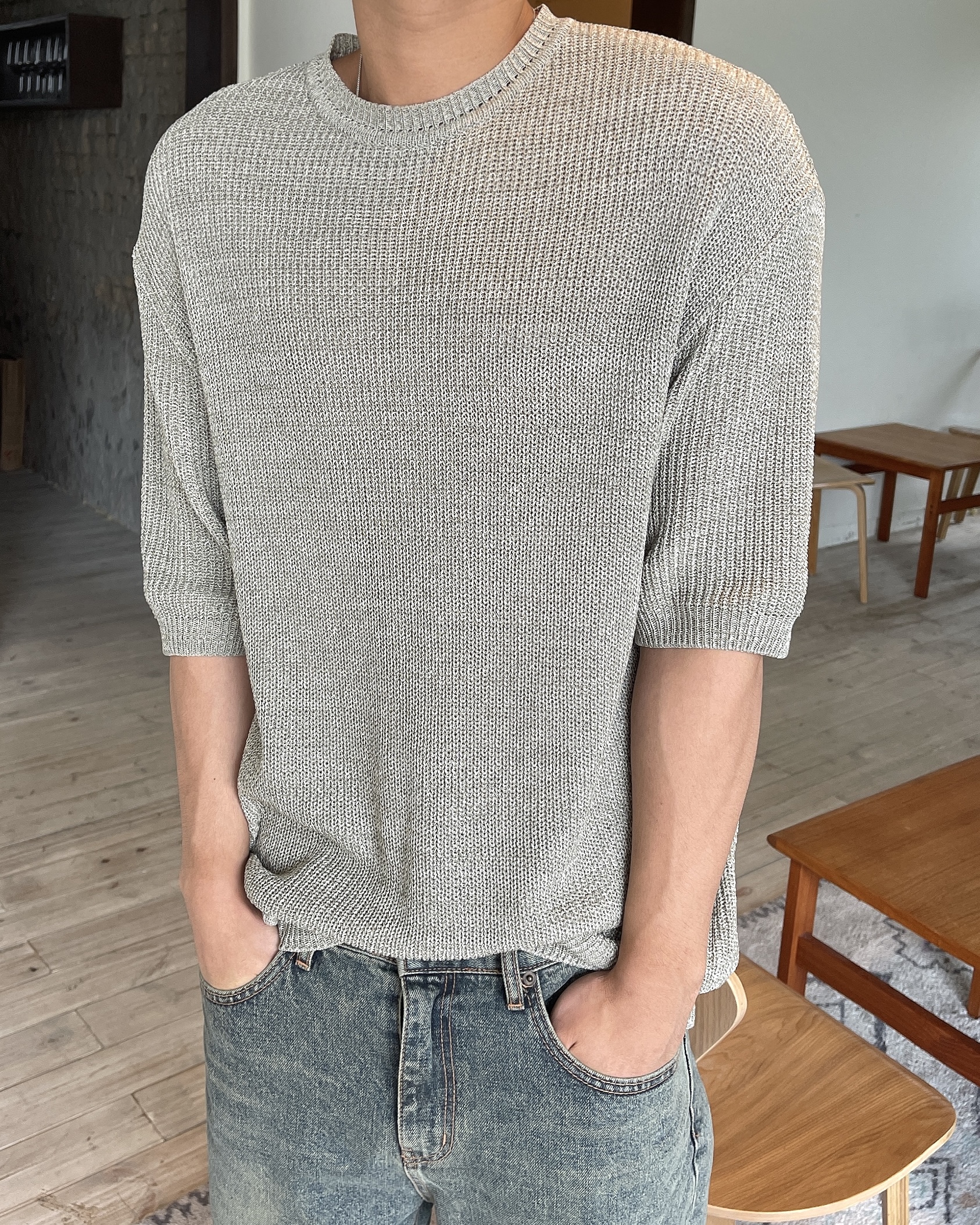 Over linen mix round half knit(3Color)