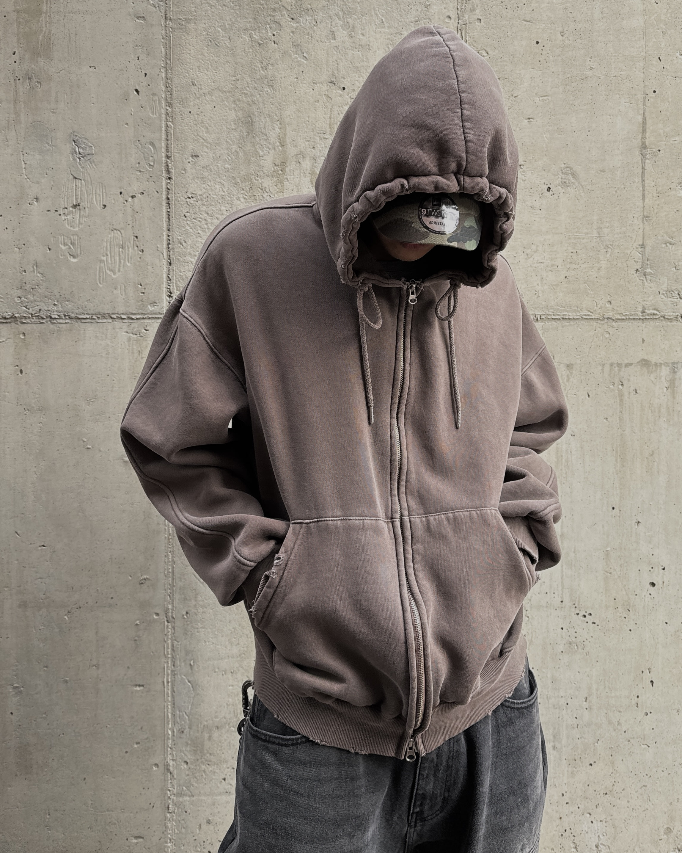 Damage dying warmer hood zip up(3Color)